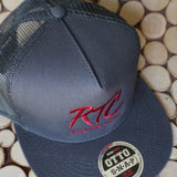 top view RTC Grey Otto hat with Burgundy embroidered text